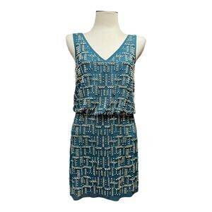 Cache Beaded Sleeveless Mini Dress Green Gold 6